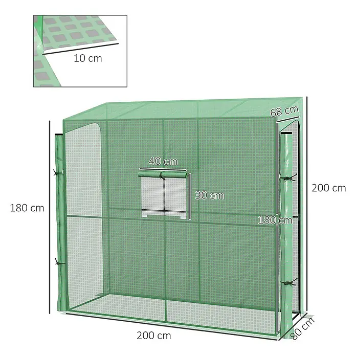 Outsunny Gewächshaus Grün, 200cm x 80cm x 200cm - 200 x 80 cm, Material Seitenwand: Kunststoff, 0,3 mm, Dunkelgrau - Grünes Folien-Minigewächshaus mit Roll-up-Tür und Fenster, mit Gesamtmaßen dargestellt.