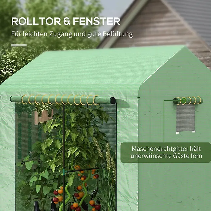 Outsunny Gewächshaus - 200 x 140 cm, Material Seitenwand: Kunststoff, 0,3 mm, Dunkelgrau - Grünes Gewächshaus mit aufrollbarem Netztor und Netzfenster, innen wachsen Pflanzen. Bietet einfachen Zugang und Belüftung.