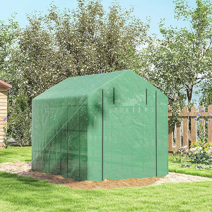 Outsunny Gewächshaus - 180 x 244 cm, Material Seitenwand: Kunststoff, 0,3 mm, Dunkelgrau - Grünes Gewächshaus aus Gewebe in einem Garten, ideal für Pflanzenschutz und Wachstum.