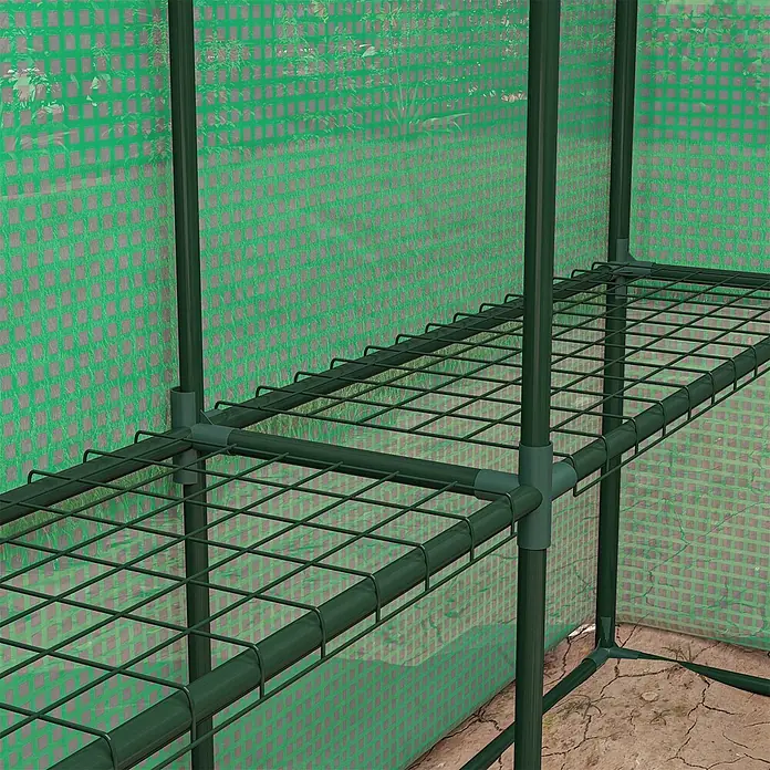 Outsunny Gewächshaus - 180 x 244 cm, Material Seitenwand: Kunststoff, 0,3 mm, Dunkelgrau - Grünes Gewächshausgestell aus Metall und Kunststoff mit zwei Drahtregalen.