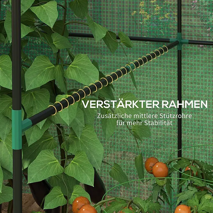 Outsunny Gewächshaus - 200 x 140 cm, Material Seitenwand: Kunststoff, 0,3 mm, Dunkelgrau - Verstärkter Gewächshausrahmen mit dunklen Rohren und grünen Verbindern, mit mittleren Stützrohren für Stabilität.