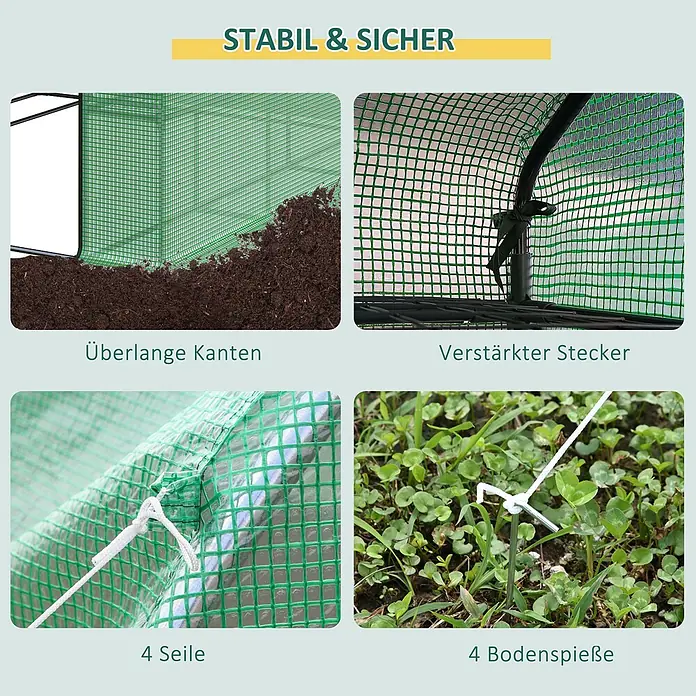 Outsunny Gewächshaus - 180 x 244 cm, Material Seitenwand: Kunststoff, 0,3 mm, Dunkelgrau - Gewächshaus-Stabilitätsmerkmale: überlange Kanten, verstärkte Verbinder, Seile und Bodenspieße.