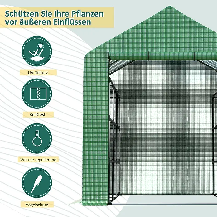 Outsunny Gewächshaus - 180 x 244 cm, Material Seitenwand: Kunststoff, 0,3 mm, Dunkelgrau - Grünes Gewächshaus aus Gittergewebe mit schwarzem Rahmen, schützt Pflanzen vor UV-Strahlung, Rissen, reguliert Wärme und bietet Vogelschutz.