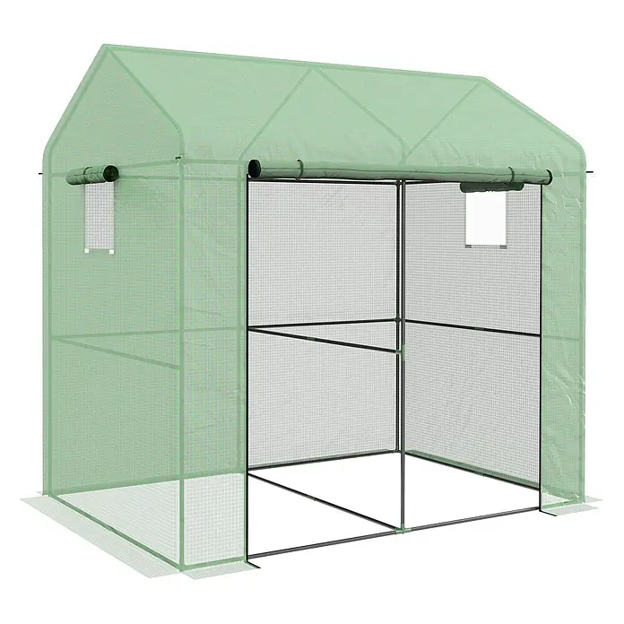 Outsunny Gewächshaus - 200 x 140 cm, Material Seitenwand: Kunststoff, 0,3 mm, Dunkelgrau - Ein hellgrünes Gewächshaus mit transparenter, verstärkter Kunststoffabdeckung und schwarzem Metallrahmen, mit aufrollbaren Fenstern und offener Front.