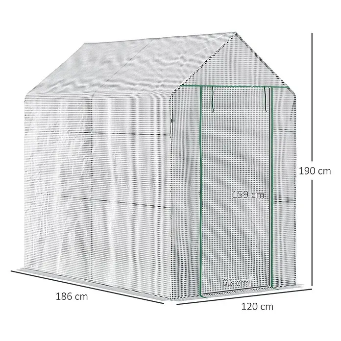 Outsunny Gewächshaus - 120 x 186 cm, Material Seitenwand: Kunststoff, 0,3 mm, Dunkelgrau - Rechteckiges begehbares Gewächshaus mit transparenter Gitterabdeckung, grünem Rahmen und Reißverschlussöffnung. Maße: 190x186x120 cm.