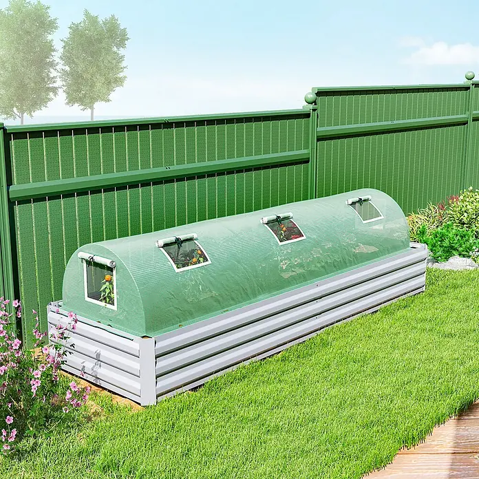 Outsunny Gewächshaus - 80 x 300 cm, Material Seitenwand: Kunststoff, 0,3 mm, Grün - Erhöhtes Hochbeet aus verzinktem Stahl mit grünem Gewächshaus-Abdeckung und aufrollbaren Fenstern im Garten.