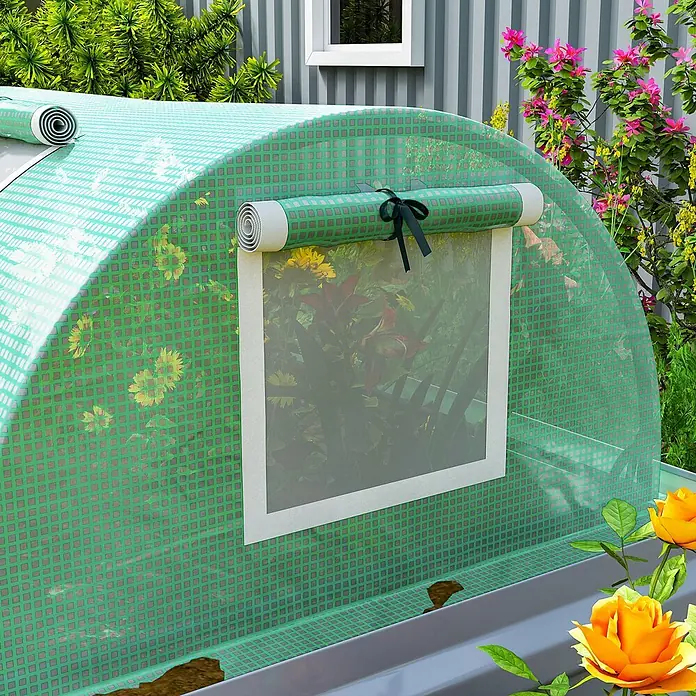 Outsunny Gewächshaus - 80 x 300 cm, Material Seitenwand: Kunststoff, 0,3 mm, Grün - Gewölbtes Mini-Gewächshaus mit grüner Karomusterabdeckung und aufrollbarem Fenster, schützt Pflanzen im Garten.