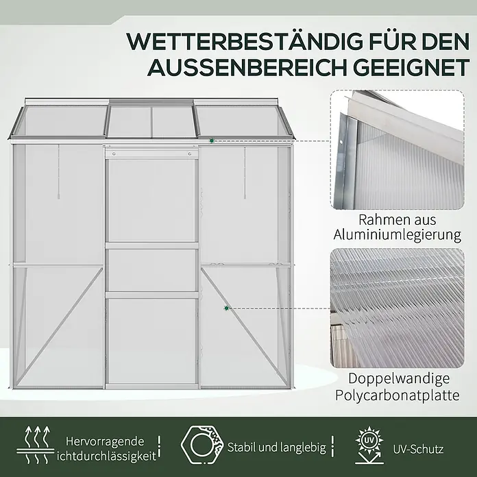 Outsunny Gewächshaus - 192 x 68 cm, Material Seitenwand: Kunststoff, 4 mm, Silber - Gewächshaus mit Aluminiumrahmen und doppelwandigen Polycarbonatplatten. Wetterbeständig, stabil, UV-geschützt und lichtdurchlässig.