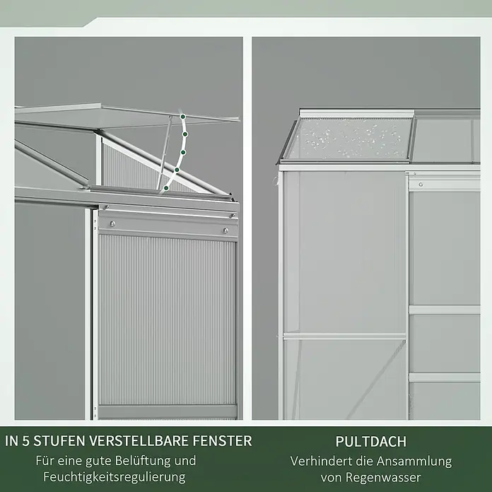 Outsunny Gewächshaus - 192 x 68 cm, Material Seitenwand: Kunststoff, 4 mm, Silber - Gewächshaus-Details: 5-fach verstellbares Fenster für Belüftung und Feuchtigkeit, plus Pultdach gegen Regenwasseransammlung.