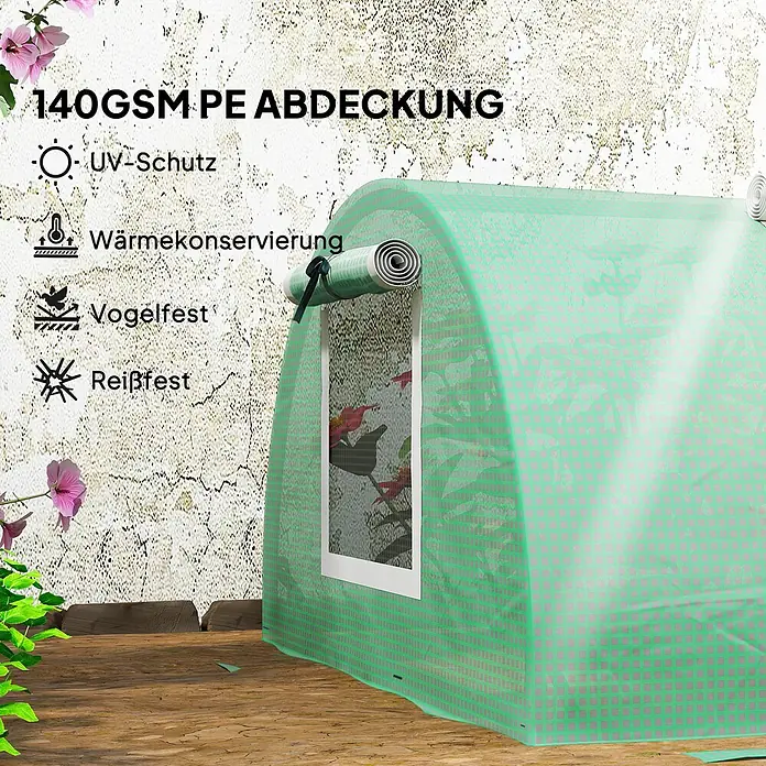 Outsunny Gewächshaus - 80 x 300 cm, Material Seitenwand: Kunststoff, 0,3 mm, Grün - Grüner, gewölbter 140GSM PE-Folientunnel mit aufrollbarem Fenster, UV- und wärmeschützend, vogel- und reißfest.