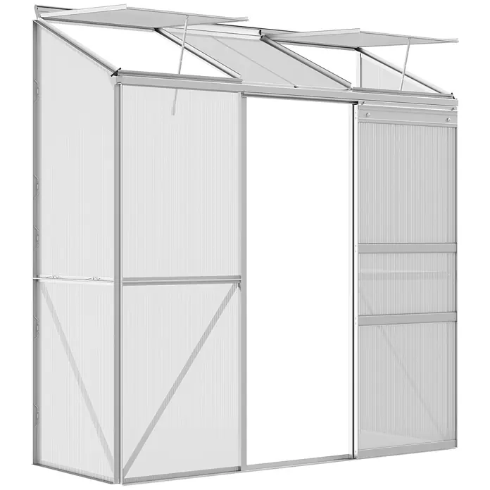 Outsunny Gewächshaus - 192 x 68 cm, Material Seitenwand: Kunststoff, 4 mm, Silber - Silbernes Gewächshaus mit transluzenten Wellplatten und mehreren geöffneten Dachlüftungen, mit Schiebetür.