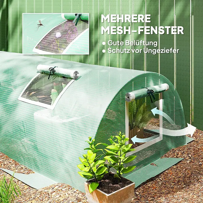 Outsunny Gewächshaus - 80 x 300 cm, Material Seitenwand: Kunststoff, 0,3 mm, Grün - Grünes Maschen-Tunnelgewächshaus mit aufrollbaren Fenstern für Belüftung und Schädlingsschutz für Pflanzen.