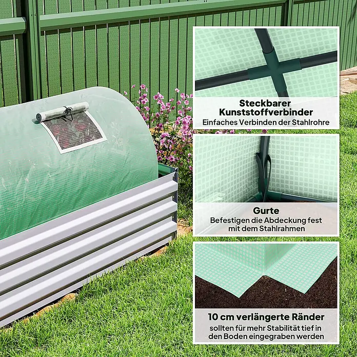 Outsunny Gewächshaus - 80 x 300 cm, Material Seitenwand: Kunststoff, 0,3 mm, Grün - Weißes Wellblech-Hochbeet mit durchscheinender grüner Mini-Gewächshausabdeckung im Freien.