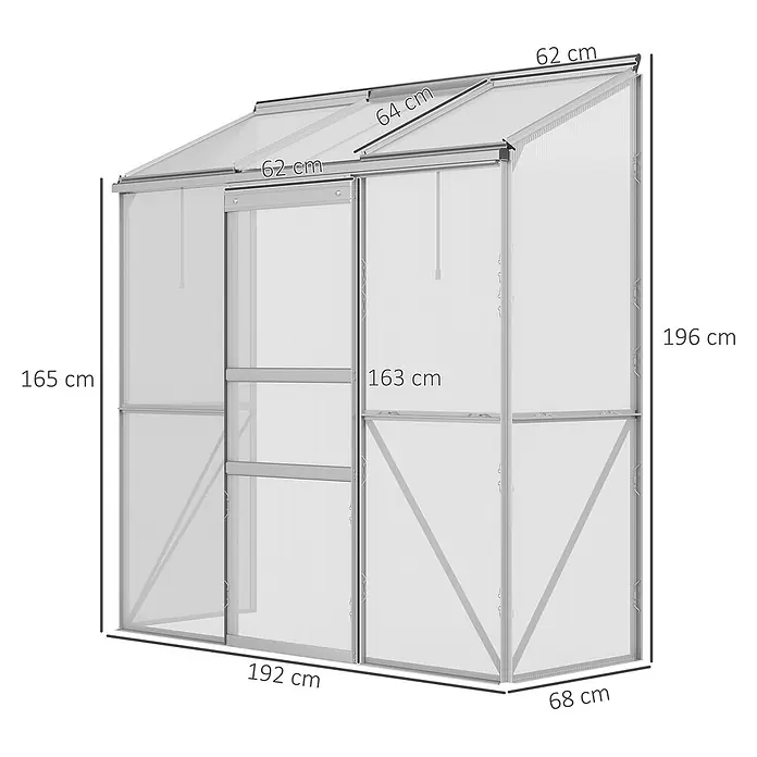 Outsunny Gewächshaus - 192 x 68 cm, Material Seitenwand: Kunststoff, 4 mm, Silber - Silberfarbenes Anlehngewächshaus mit lichtdurchlässigen Platten und Schiebetür, Maße sind angegeben.