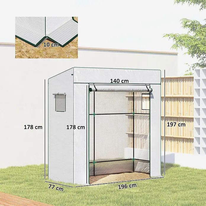 Outsunny Gewächshaus - Außenmaß inkl. Dachüberstand (B x T): 196 x 77 cm, Material Seitenwand: Kunststoff, 0,3 mm, Grün - Geräumiges begehbares Gewächshaus mit lichtdurchlässiger Hülle, grünem Rand, Rolltür & Fenster, ca. 196x77x197 cm.