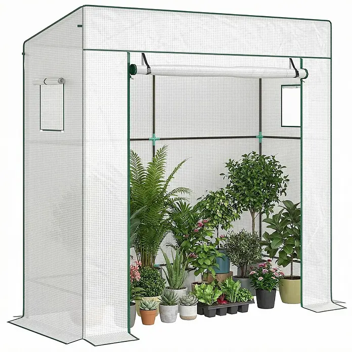 Outsunny Gewächshaus - Außenmaß inkl. Dachüberstand (B x T): 196 x 77 cm, Material Seitenwand: Kunststoff, 0,3 mm, Grün - Begehbares Gewächshaus mit transparenter Gitterabdeckung und grünem Rahmen, gefüllt mit Topfpflanzen.