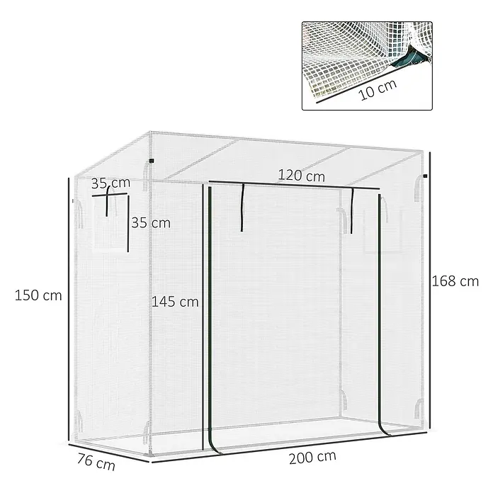 Outsunny Gewächshaus - 200 x 76 cm, Material Seitenwand: Kunststoff, 0,3 mm, Grün - Weißes Netztunnel-Gewächshaus (200x76x168 cm) mit dunklem Rahmen und Rollfenster für Pflanzen.
