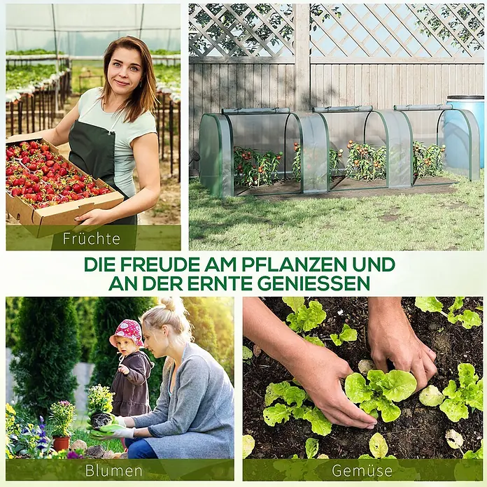 Outsunny Gewächshaus - 295 x 100 cm, Material Seitenwand: Kunststoff, 0,3 mm, Grün - Drei grüne Mini-Gewächshäuser (Frühbeete) mit Klarsichtabdeckungen schützen wachsende Tomaten im Garten. Sie verlängern die Anbausaison.