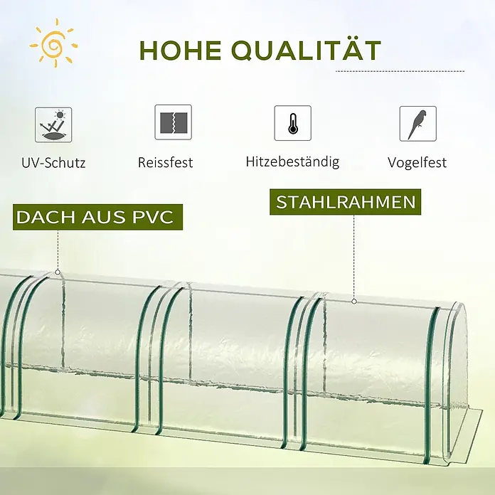 Outsunny Gewächshaus - 295 x 100 cm, Material Seitenwand: Kunststoff, 0,3 mm, Grün - Transparentes Folientunnel-Gewächshaus mit grünem Stahlrahmen und PVC-Dach, UV- und hitzebeständig, reißfest und vogelfest.