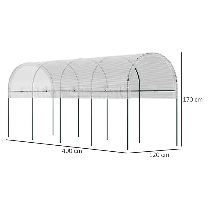 Outsunny Gewächshaus - 400 x 120 cm, Material Seitenwand: Kunststoff, 0,3 mm, Grün - Gewächshaustunnel, 400x120x170 cm, mit durchsichtiger Netzabdeckung und dunklem Rahmen, für Pflanzenschutz.