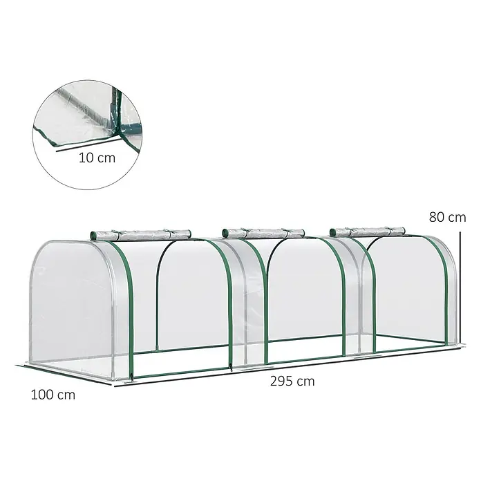 Outsunny Gewächshaus - 295 x 100 cm, Material Seitenwand: Kunststoff, 0,3 mm, Grün - Langer, transparenter Gewächshaustunnel mit grünem Gestell und aufrollbaren Seiten, zeigt Gesamtmaße.