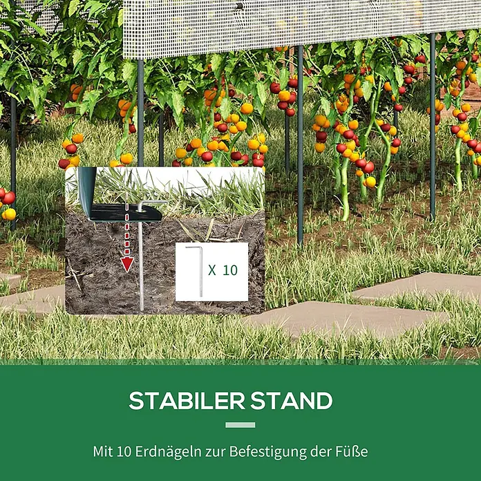 Outsunny Gewächshaus - 400 x 120 cm, Material Seitenwand: Kunststoff, 0,3 mm, Grün - Gartenstruktur mit roten und gelben Tomaten, ein Metall-Erdnagel sichert den dunklen Standfuß im Boden. 10 Erdnägel zur Befestigung enthalten.