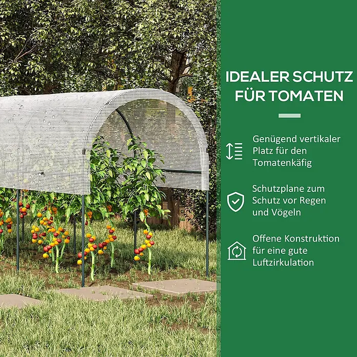 Outsunny Gewächshaus - 400 x 120 cm, Material Seitenwand: Kunststoff, 0,3 mm, Grün - Weißes Netz-Tomatengewächshaus mit dunklem Rahmen, schützt reifende Tomaten im Garten.