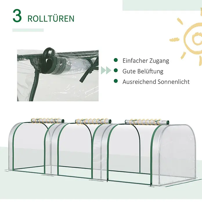 Outsunny Gewächshaus - 295 x 100 cm, Material Seitenwand: Kunststoff, 0,3 mm, Grün - Ein Gewächshaustunnel mit grünem Rahmen, transparenter Abdeckung und drei Rolltüren für einfachen Zugang und Belüftung.