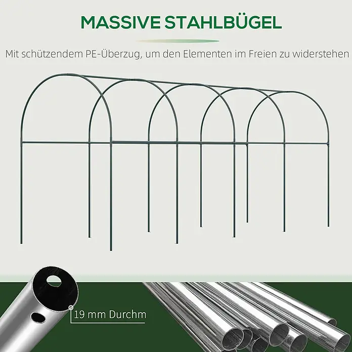 Outsunny Gewächshaus - 400 x 120 cm, Material Seitenwand: Kunststoff, 0,3 mm, Grün - Dunkelgrünes 19-mm-Stahlgestell mit PE-Beschichtung für Gartentunnel oder Gewächshaus.