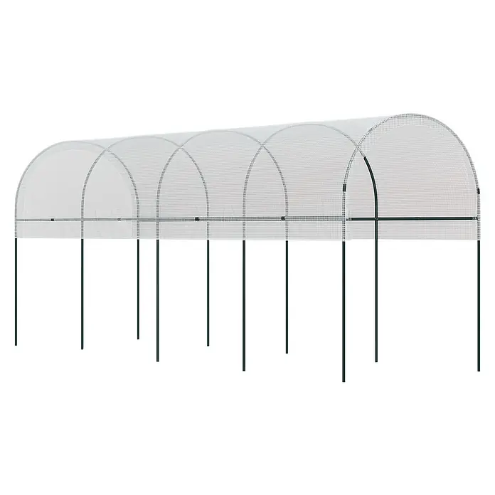 Outsunny Gewächshaus - 400 x 120 cm, Material Seitenwand: Kunststoff, 0,3 mm, Grün - Ein langer Tunnelgewächshaus mit grünem Metallrahmen und einer weißen, halbtransparenten Netzabdeckung.