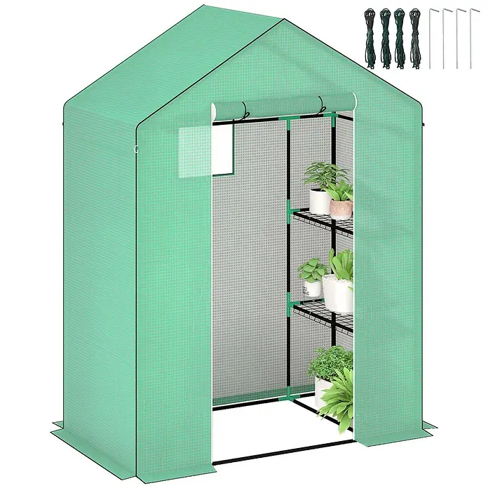 Outsunny Gewächshaus - 143 x 74 cm, Material Seitenwand: Kunststoff, 0,3 mm, Grün - Grünes tragbares Gewächshaus mit Rolltür, Innenregalen für Topfpflanzen und Zubehör wie Seilen und Heringen für den Außenbereich.