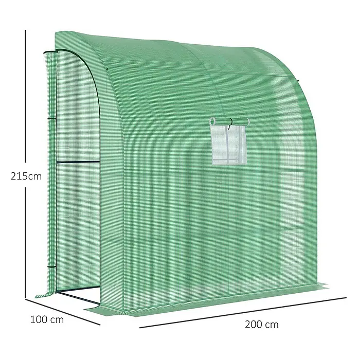 Outsunny Gewächshaus - 200 x 100 cm, Material Seitenwand: Kunststoff, 0,3 mm, Grün - Grünes begehbares Gewächshaus mit Runddach, aufrollbarer Tür und Seitenfenster. Maße: 215x100x200 cm.