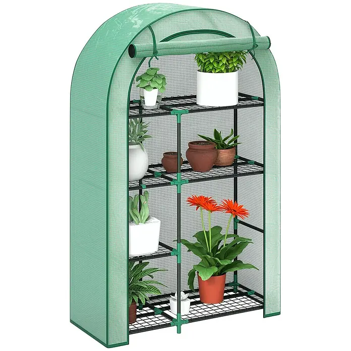 Outsunny Gewächshaus - 100 x 45 cm, Material Seitenwand: Kunststoff, 0,3 mm, Dunkelgrau - Grünes, tragbares Minigewächshaus mit aufrollbarer Reißverschlusstür und mehreren schwarzen Drahtregalen für diverse Topfpflanzen.