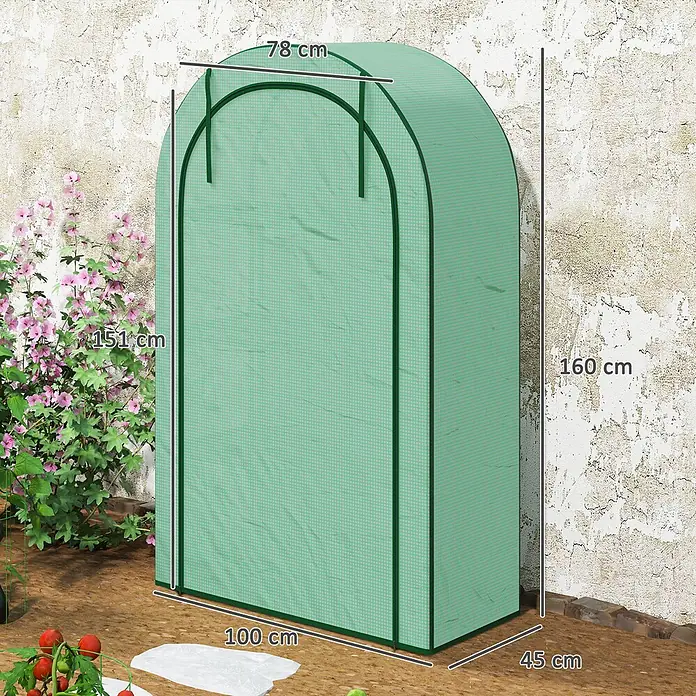 Outsunny Gewächshaus - 100 x 45 cm, Material Seitenwand: Kunststoff, 0,3 mm, Dunkelgrau - Ein kleines, gewölbtes Gewächshaus aus grünem Netzgewebe, 100x45x160 cm, im Freien für Pflanzen.