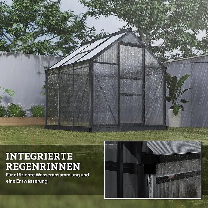 Outsunny Gewächshaus - 192 x 190 cm, Material Seitenwand: Kunststoff, 4 mm, Grau - Dunkelgraues Gewächshaus mit lichtdurchlässigen Platten in einem Garten bei Regen, mit integrierten Regenrinnen zur Wassersammlung.