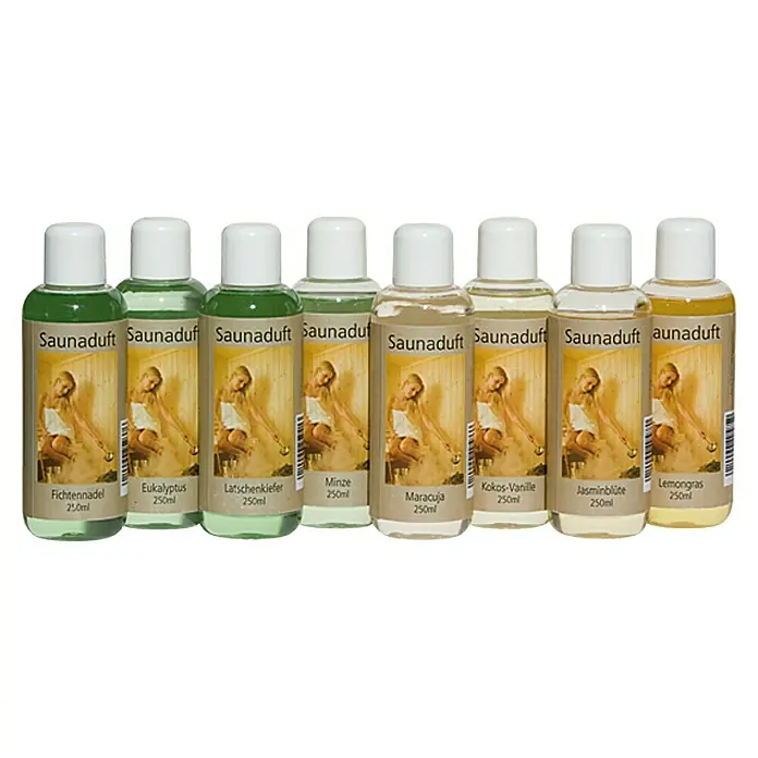 Karibu Saunaduft - Duft: Lemongras, 250 ml - Acht Flaschen Saunaaufgussöl mit verschiedenen Düften wie Fichtennadel und Lemongras.