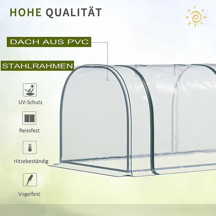 Outsunny Gewächshaus - 350 x 100 cm, Material Seitenwand: Kunststoff, 0,3 mm, Grün - Transparentes Mini-Gewächshaus mit gewölbtem Stahlrahmen und PVC-Dach, UV-geschützt, reißfest, hitzebeständig und vogelfest.