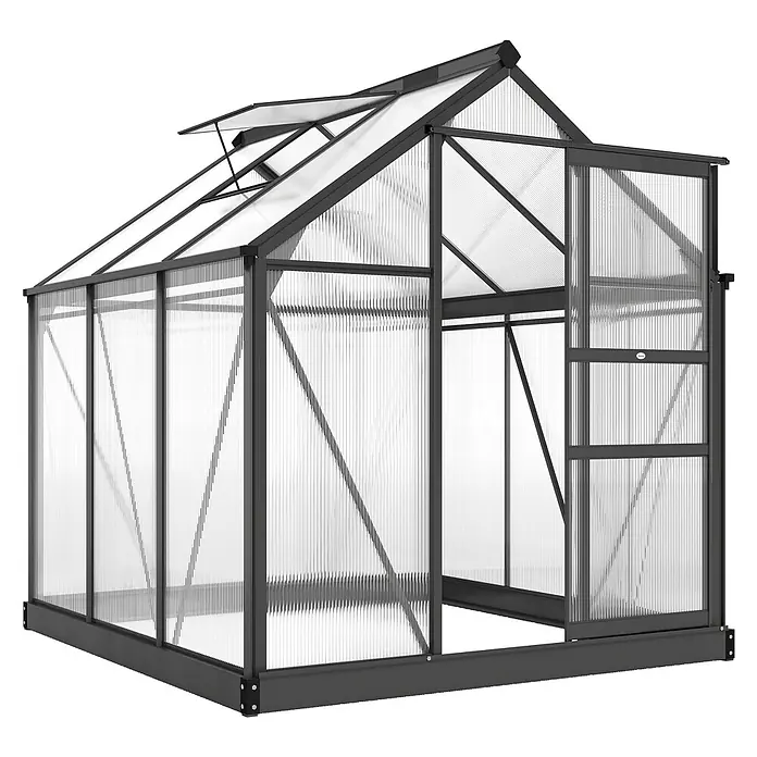 Outsunny Gewächshaus - 192 x 190 cm, Material Seitenwand: Kunststoff, 4 mm, Grau - Dunkelgraues Gewächshaus mit transparenten Polycarbonatplatten, Satteldach mit Lüftung und Schiebetür.