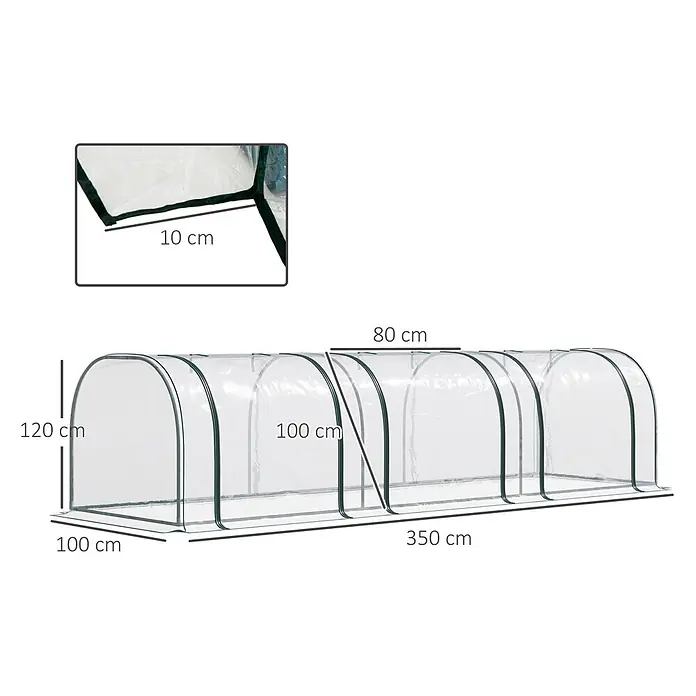 Outsunny Gewächshaus - 350 x 100 cm, Material Seitenwand: Kunststoff, 0,3 mm, Grün - Transparenter Mini-Gewächshaustunnel mit grünem Rand und Maßen zum Pflanzenschutz.