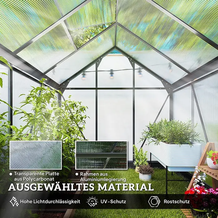 Outsunny Gewächshaus - 192 x 190 cm, Material Seitenwand: Kunststoff, 4 mm, Grau - Gewächshaus mit transparenten Polycarbonatplatten und Aluminiumrahmen, ideal für Pflanzen.