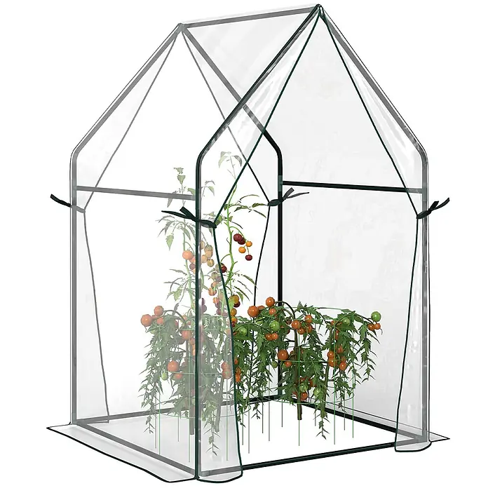 Outsunny Gewächshaus - 90 x 90 cm, Material Seitenwand: Kunststoff, 0,3 mm, Grün - Kleines, transparentes Gewächshaus mit dunkelgrünem Rahmen und Reißverschlussöffnung, das Tomatenpflanzen mit roten und grünen Früchten an Stützen enthält.