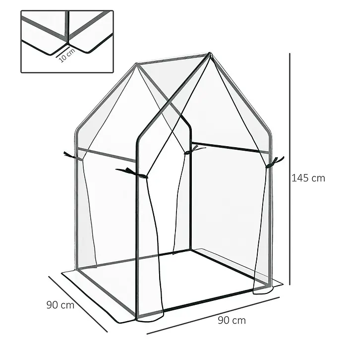 Outsunny Gewächshaus - 90 x 90 cm, Material Seitenwand: Kunststoff, 0,3 mm, Grün - Transparentes Mini-Gewächshaus mit dunklem Rahmen, Hausform, 90x90x145 cm, mit 10 cm Bodenklappe.