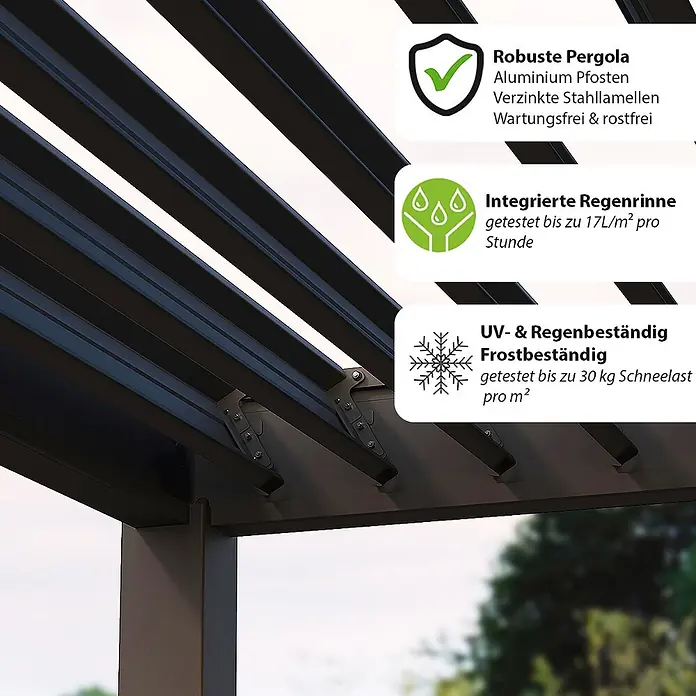 Weide Pergola Classic Aluminium freistehend 3 x 7,2 M anthrazit - B x T: 720 x 300 cm, Farbe Gestell: Anthrazit, Metall - Dunkle Pergola mit verstellbaren Lamellen. Text hebt Robustheit, Regenrinne und Witterungsbeständigkeit hervor.
