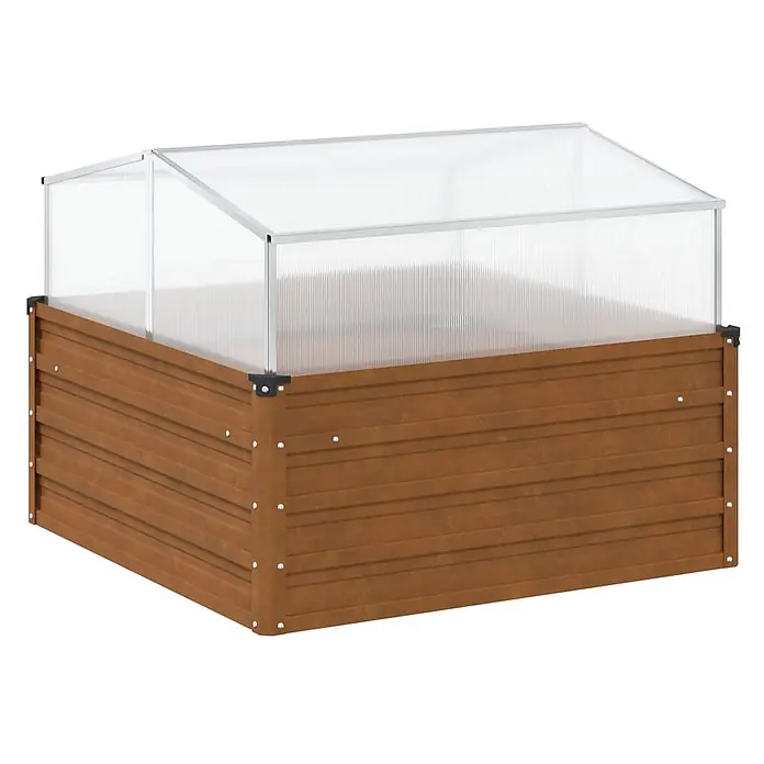Furnicato Gewächshaus - Außenmaß inkl. Dachüberstand (B x T): 100 x 100 cm, Material Seitenwand: Stahl, Grau - Braunes Hochbeet aus Holz mit transparentem Frühbeetaufsatz aus Polycarbonat auf Aluminiumrahmen.