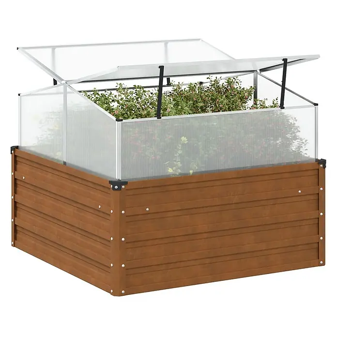 Furnicato Gewächshaus - Außenmaß inkl. Dachüberstand (B x T): 100 x 100 cm, Material Seitenwand: Stahl, Grau - Braunes Hochbeet aus Holz mit offenem, transparentem Frühbeetaufsatz, darin grüne Pflanzen.