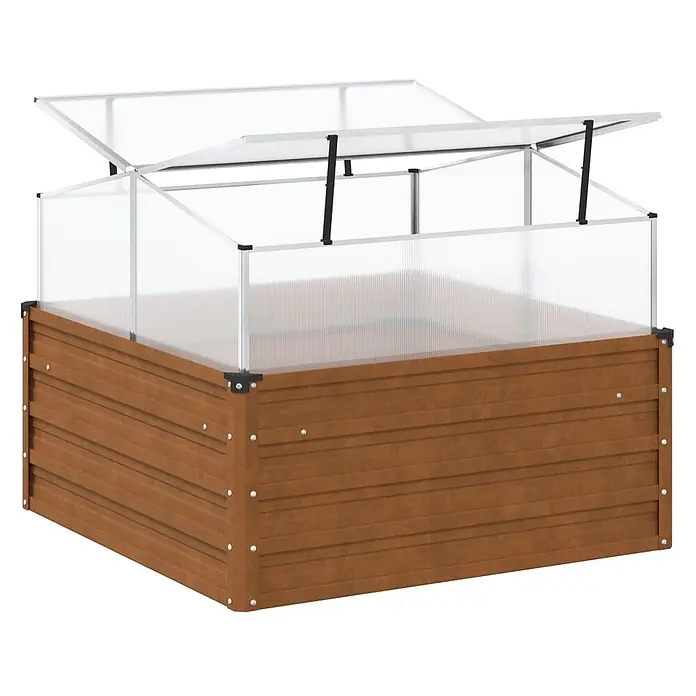 Furnicato Gewächshaus - Außenmaß inkl. Dachüberstand (B x T): 100 x 100 cm, Material Seitenwand: Stahl, Grau - Braunes Hochbeet aus Holz mit offenem Frühbeetaufsatz, bestehend aus klaren Polycarbonatplatten und einem Aluminiumrahmen.