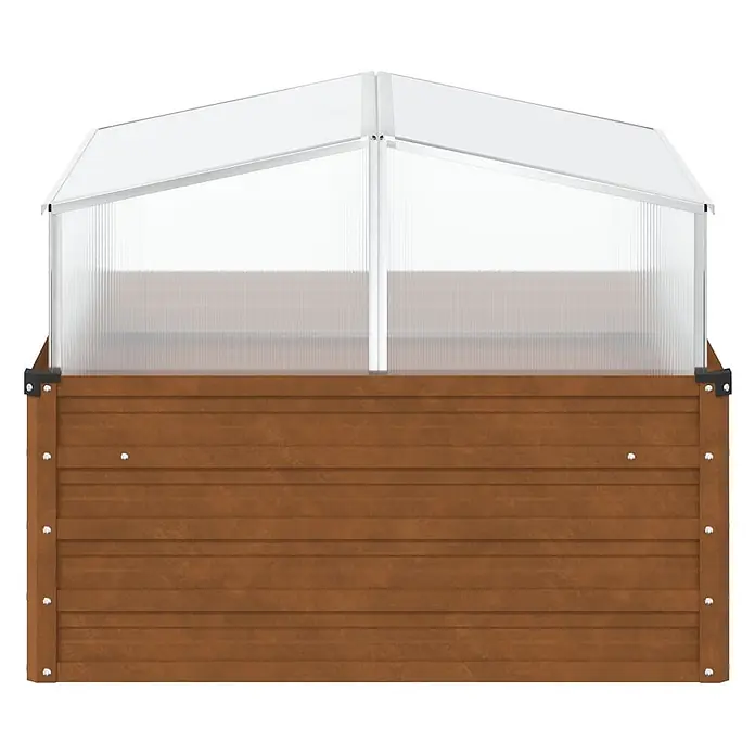 Furnicato Gewächshaus - Außenmaß inkl. Dachüberstand (B x T): 100 x 100 cm, Material Seitenwand: Stahl, Grau - Braunes Hochbeet aus Holz mit transparenter Gewächshausabdeckung.