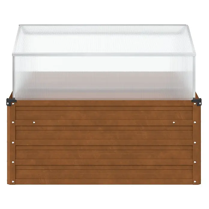 Furnicato Gewächshaus - Außenmaß inkl. Dachüberstand (B x T): 100 x 100 cm, Material Seitenwand: Stahl, Grau - Braunes Hochbeet aus Holz mit transluzenter Gewächshausabdeckung.