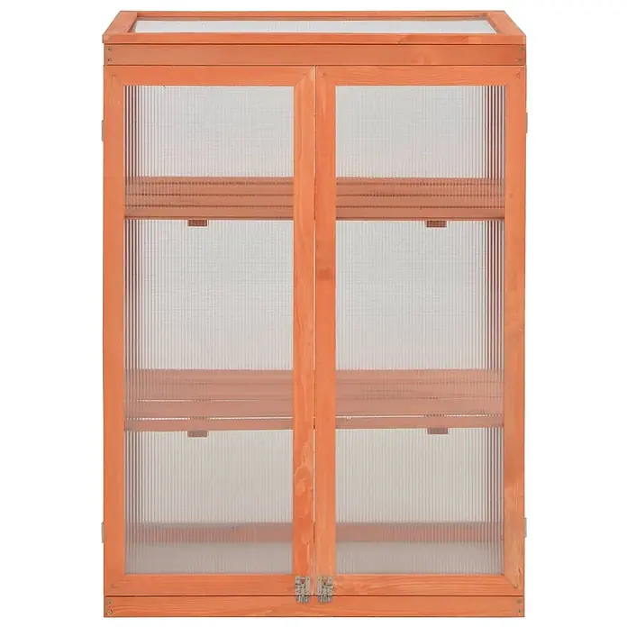 Furnicato Gewächshaus - 75 x 47 cm, Material Seitenwand: Holz, 38 mm, Grau - Hölzernes Minigewächshaus mit transparenten Paneelen, zwei Einlegeböden, Doppeltüren und aufklappbarem Dach.