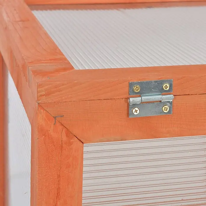 Furnicato Gewächshaus - 75 x 47 cm, Material Seitenwand: Holz, 38 mm, Grau - Ecke eines Holz-Frühbeets mit transluzenten Wellplatten und Metallscharnier.